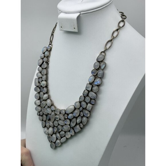 Vintage Signed 925 Moonstone Bib Necklace Statement Piece - Picture 5 of 16
